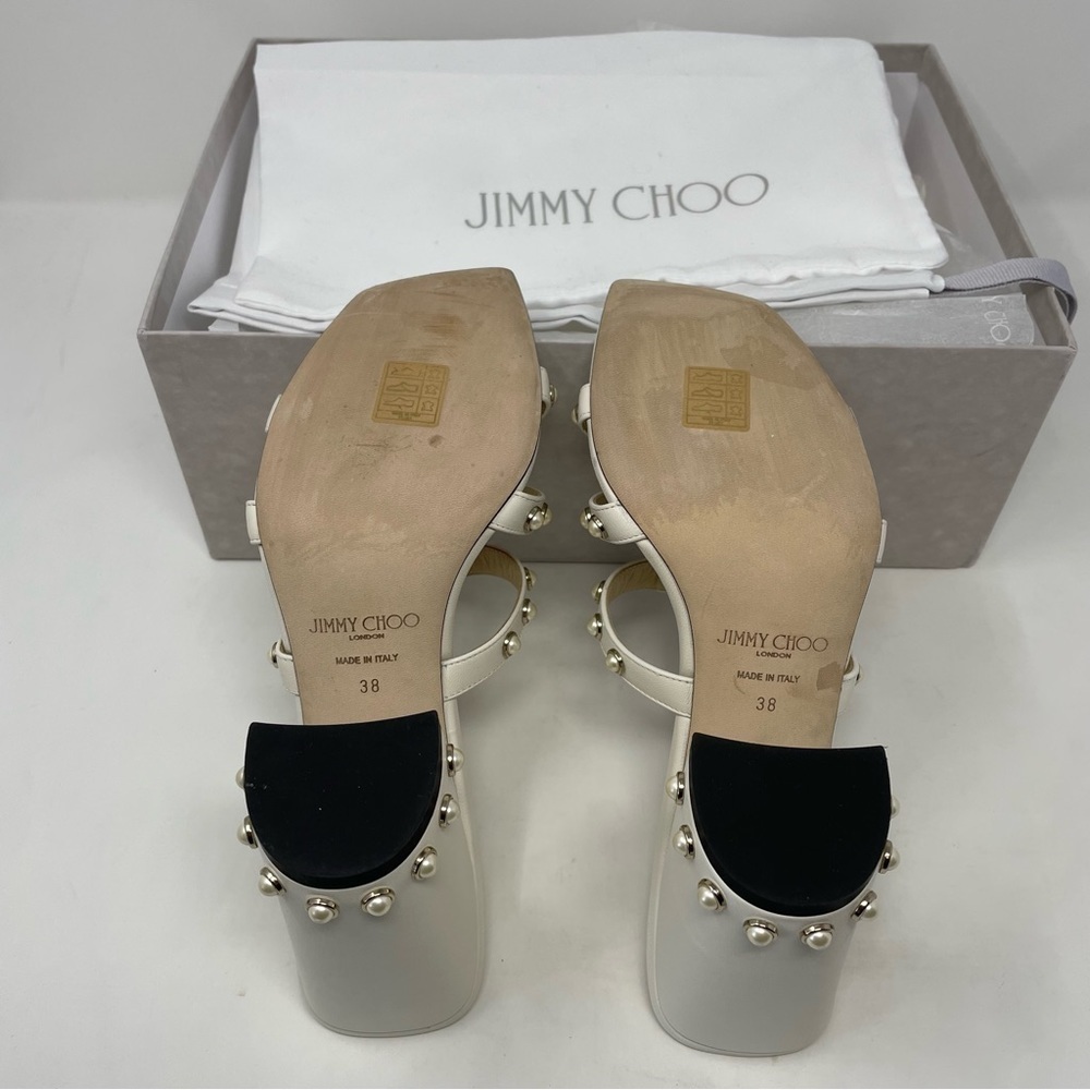 Nib JIMMY CHOO HAZAL 85 LATTE NAPPA CAGED MULES WITH PEARL STUDS IN CREAM - Picture 13 of 13